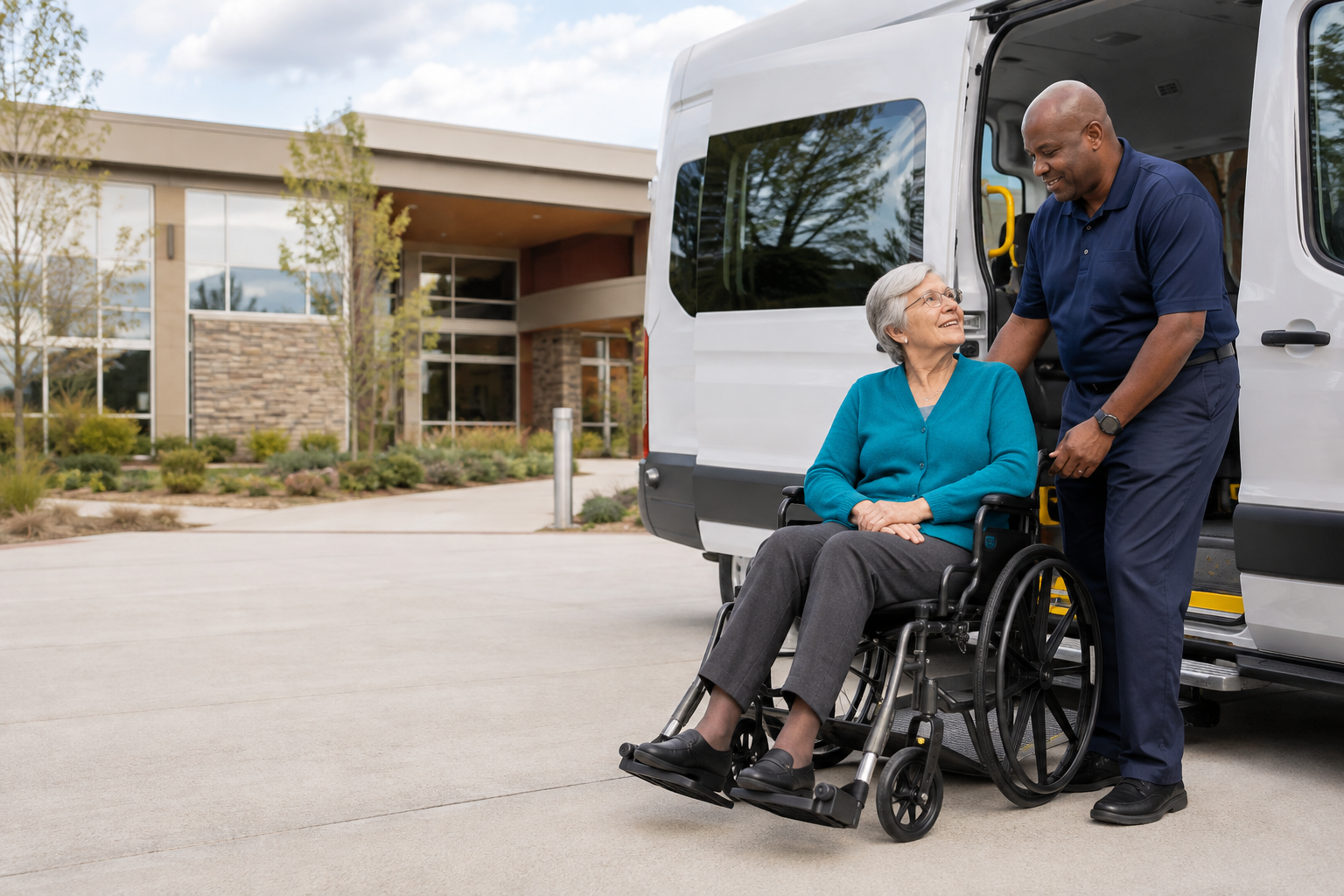 A transportation professional assisting an older wheelchair passenger beside an accessible van